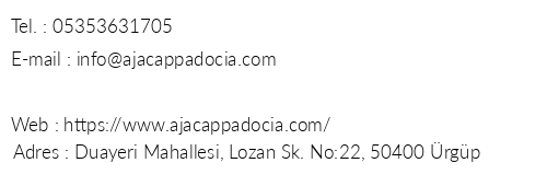 Aja Cappadocia Hotel telefon numaralar, faks, e-mail, posta adresi ve iletiim bilgileri